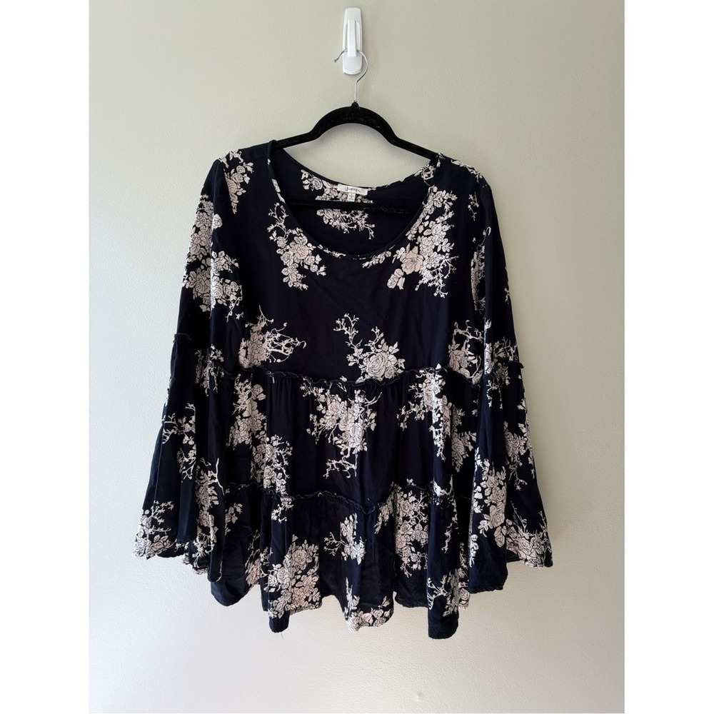 Boho Cottagecore JODIFL Peasant Top Large Black Floral Tiered Bell Sleeve B7309 - Picture 1 of 5